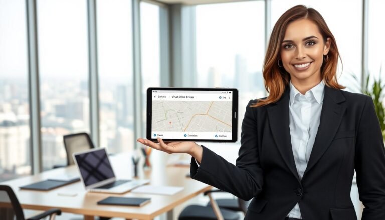 A modern office environment showcasing the advantages of using a service address and virtual office. In the foreground, a professional-looking businesswoman in smart attire is presenting a digital device displaying a map and virtual office services. In the middle, a sleek desk with a laptop and office supplies, illustrating efficient remote work. In the background, a bright and airy office space with large windows showing a city skyline. Soft, natural lighting flooding the room, creating a productive and inviting atmosphere. The composition emphasizes organization and professionalism, highlighting the benefits of a virtual office in a business context without any text or distractions.