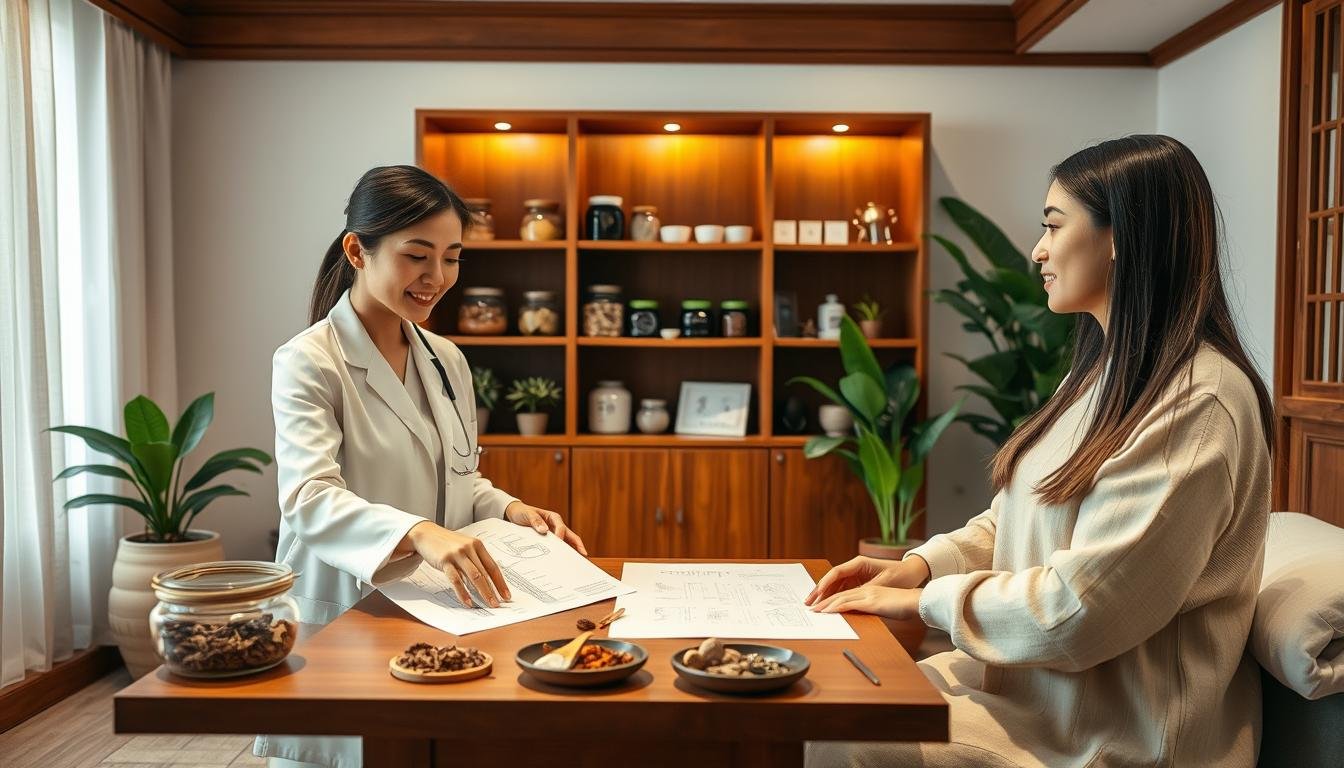 A serene and inviting traditional Chinese medicine clinic setting, featuring an elegantly decorated treatment room with warm wooden tones and soft lighting. In the foreground, a professional female practitioner in modest, professional attire is consulting with a female client, demonstrating care and expertise. The practitioner is pointing to anatomical charts and natural herbal remedies laid out on a table, symbolizing holistic approaches. In the middle ground, shelves filled with jars of herbs and acupuncture tools are visible, conveying the essence of traditional healing methods. The background showcases a calm atmosphere, with soft green plants and subtle dim lighting to create a soothing and restorative environment. The overall mood reflects support and empowerment for women's health issues.