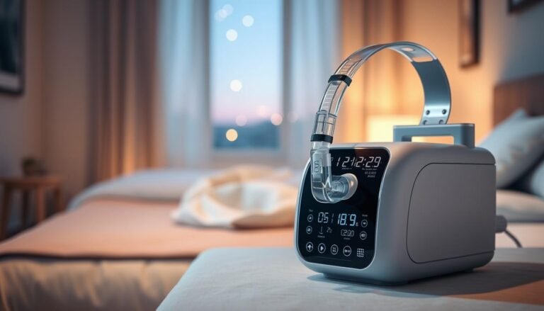 A sleek, modern sleep apnea machine displayed prominently in the foreground, showcasing high-tech features like digital displays, adjustable settings, and ergonomic design. In the middle ground, a tranquil bedroom scene with soft, warm lighting highlighting a comfortable bed and soothing decor, creating a calming atmosphere. The background features blurred elements of a nighttime setting, like a gentle starry sky visible through a window, enhancing the mood of restful sleep. The overall image conveys a sense of peace and technological advancement in sleep health, focusing on the machine's innovative qualities without any text or distractions. The shot is taken with a shallow depth of field to emphasize the machine, creating a professional yet inviting visual.